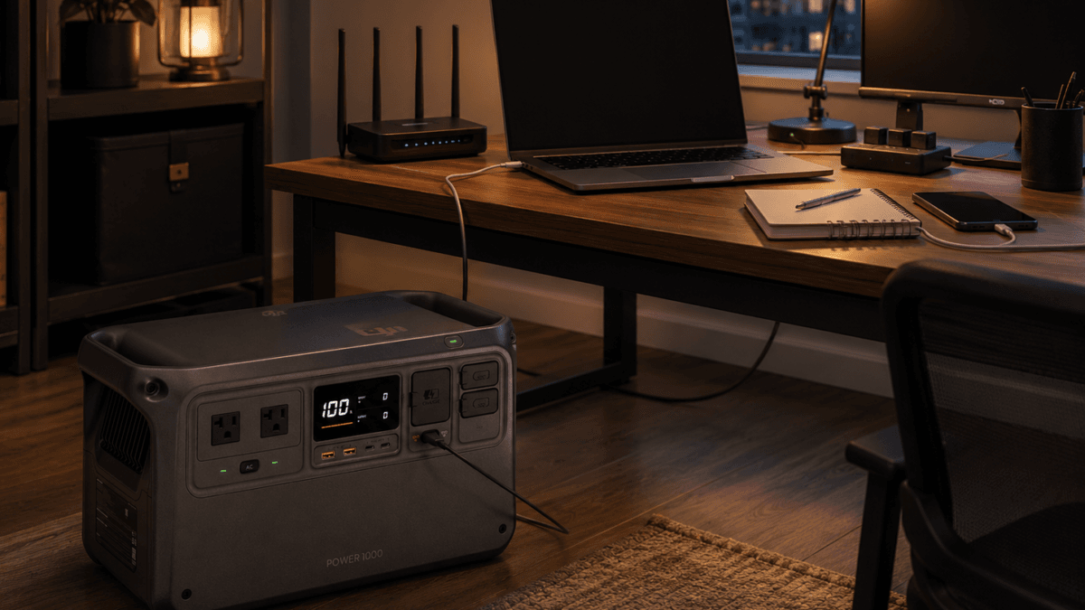 DJI Power 1000 portable power station with a laptop, router, monitor, phone charger, camera charger, and LED desk lamp for a portable power station for Starlink remote-work backup guide.