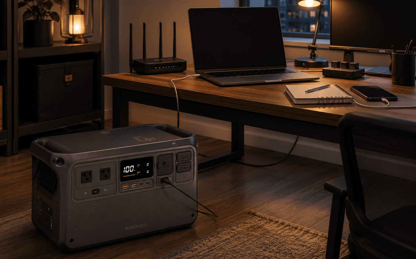 DJI Power 1000 portable power station with a laptop, router, monitor, phone charger, camera charger, and LED desk lamp for a portable power station for Starlink remote-work backup guide.