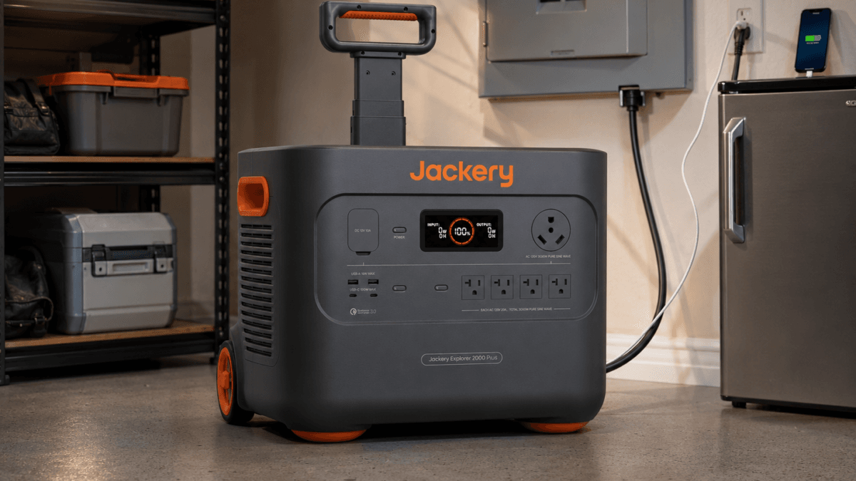 Jackery Explorer 2000 Plus review home backup setup in a garage utility room