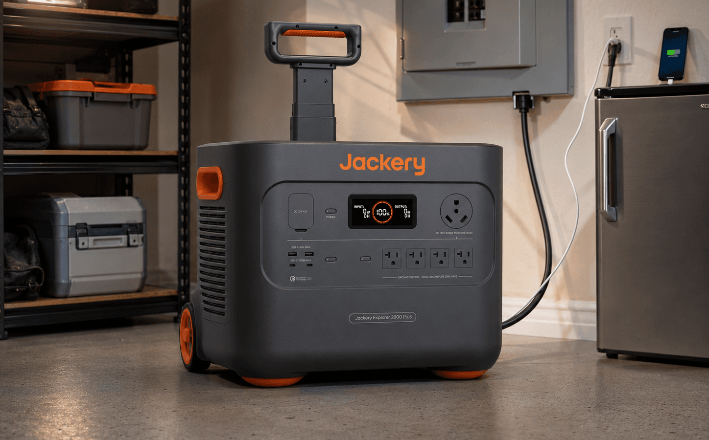 Jackery Explorer 2000 Plus review home backup setup in a garage utility room
