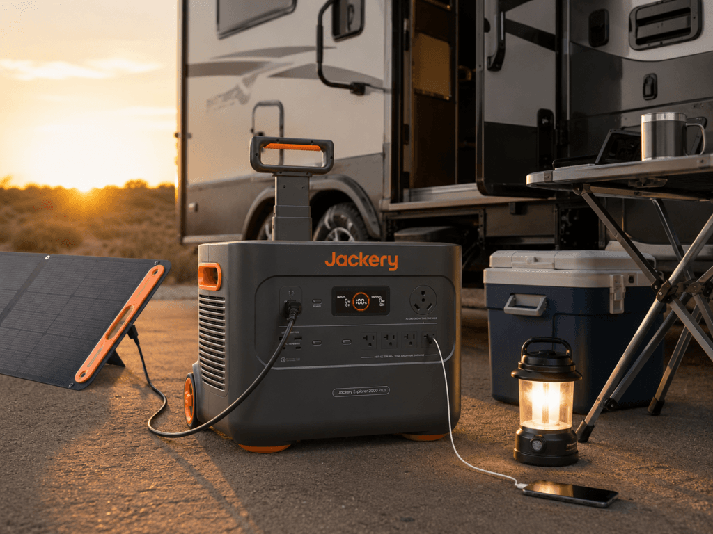 Jackery Explorer 2000 Plus review solar charging setup beside an RV