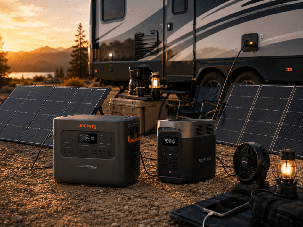 Jackery Explorer 2000 Plus vs EcoFlow DELTA 2 Max comparison for RV travel, portable solar charging, and extended off-grid use