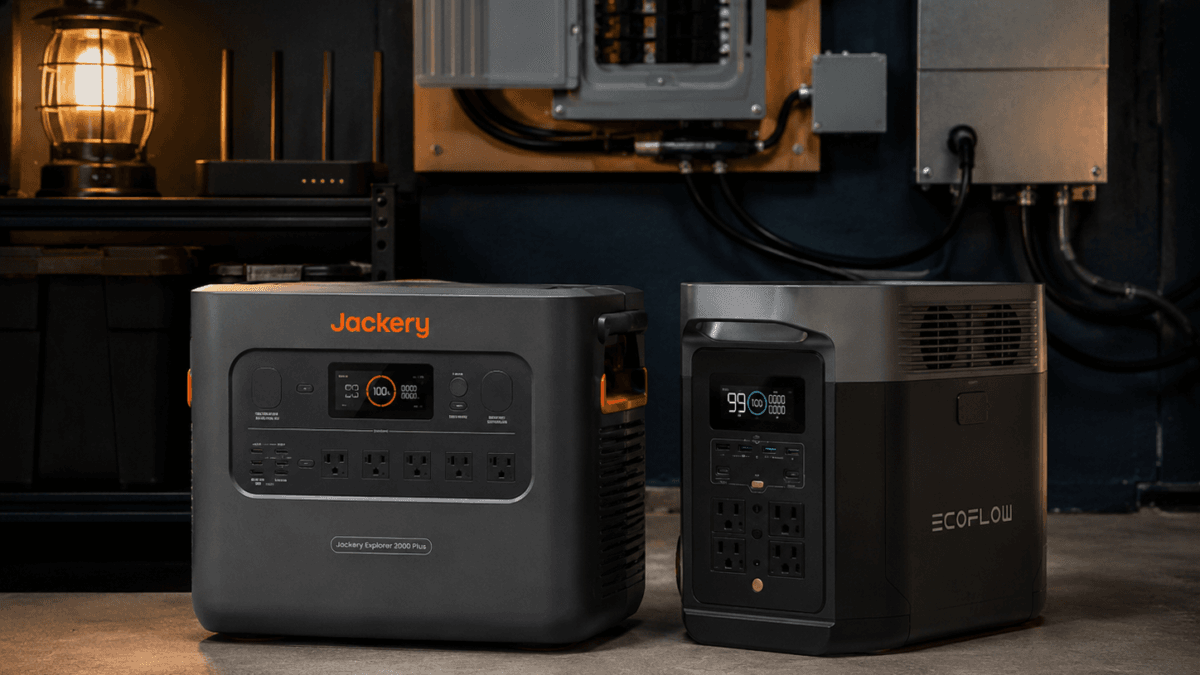 Jackery Explorer 2000 Plus vs EcoFlow DELTA 2 Max in an RV solar charging setup with portable solar panels and camping equipment