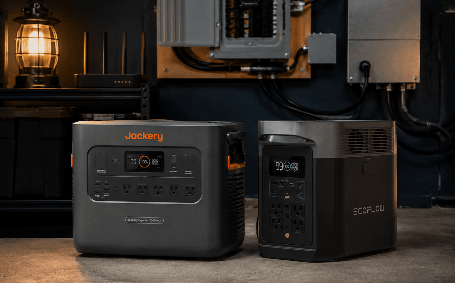 Jackery Explorer 2000 Plus vs EcoFlow DELTA 2 Max in an RV solar charging setup with portable solar panels and camping equipment