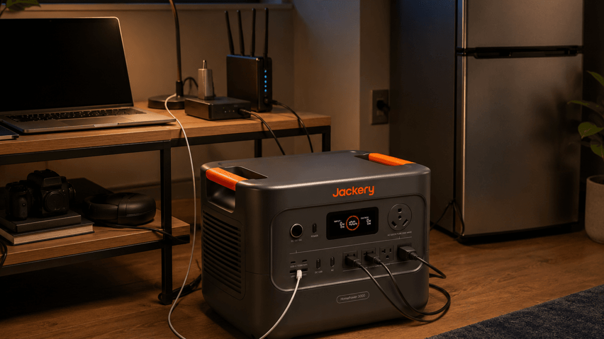 Jackery Explorer 2000 v2 portable power station connected to a compact compatible solar-panel setup beside an RV for controlled travel and off-grid power recovery.