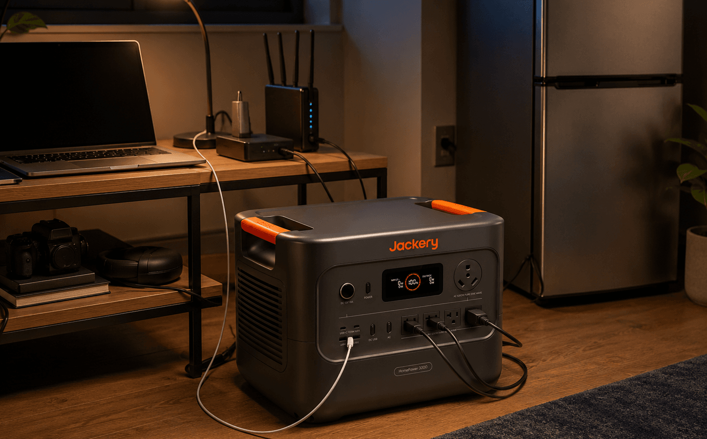 Jackery Explorer 2000 v2 portable power station connected to a compact compatible solar-panel setup beside an RV for controlled travel and off-grid power recovery.