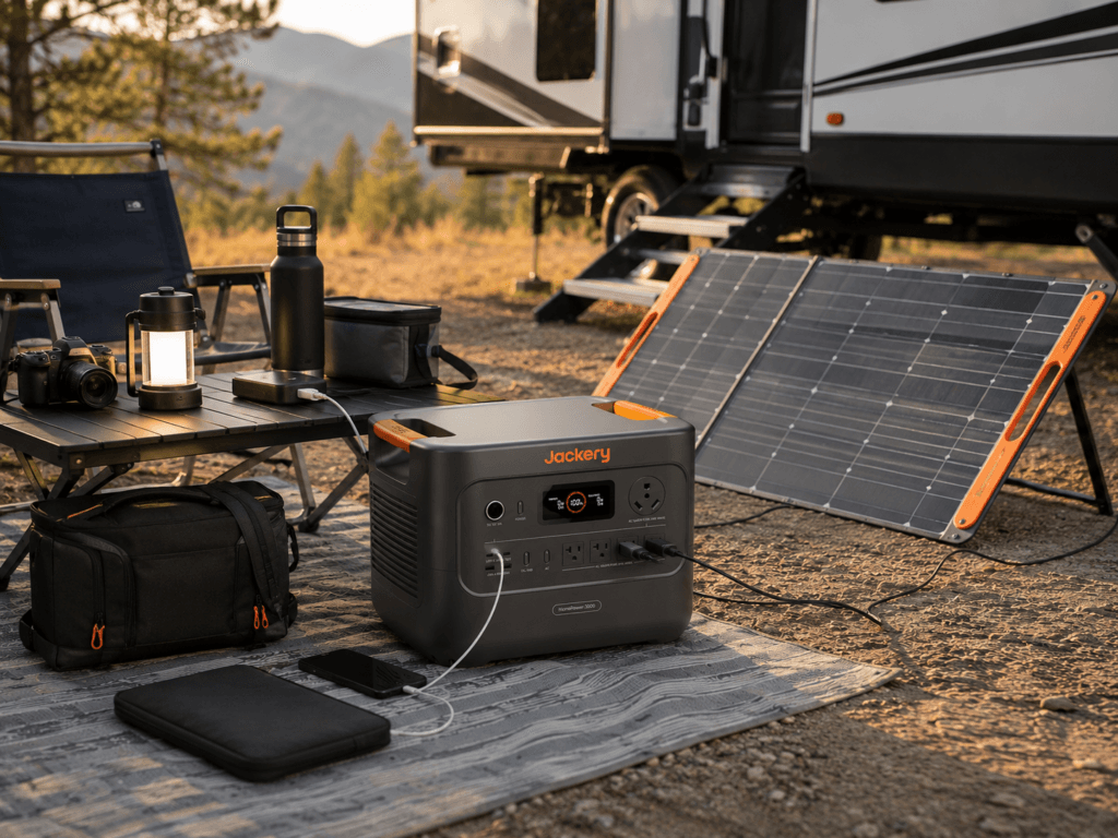Jackery Explorer 2000 v2 review showing the portable power station supporting a measured home backup plan with a router, laptop, phone charger, LED lamp, and compact refrigerator.