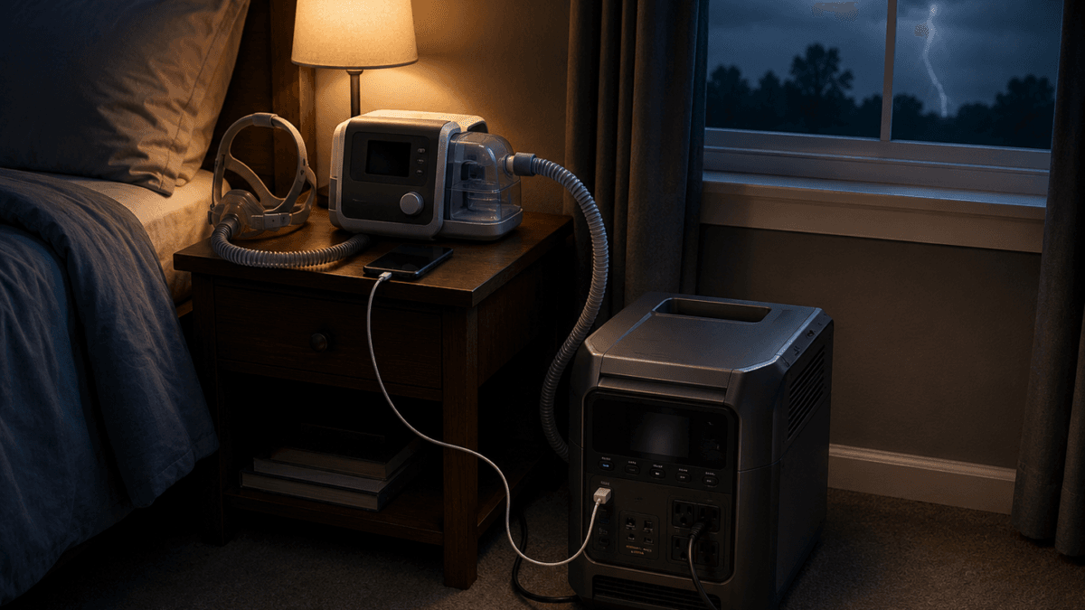 portable power station for CPAP backup beside a nightstand during a home outage