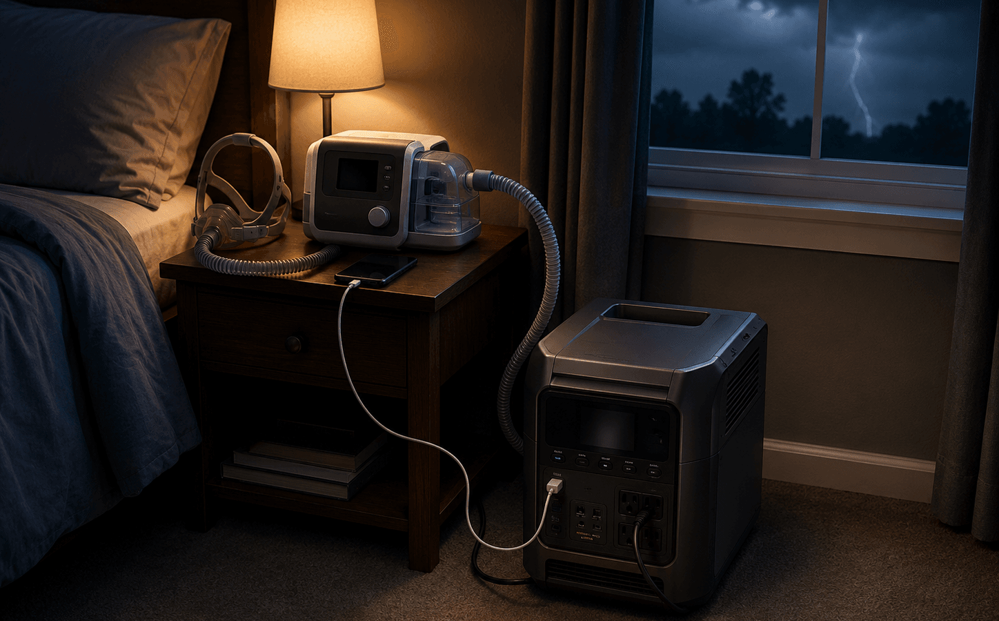 portable power station for CPAP backup beside a nightstand during a home outage