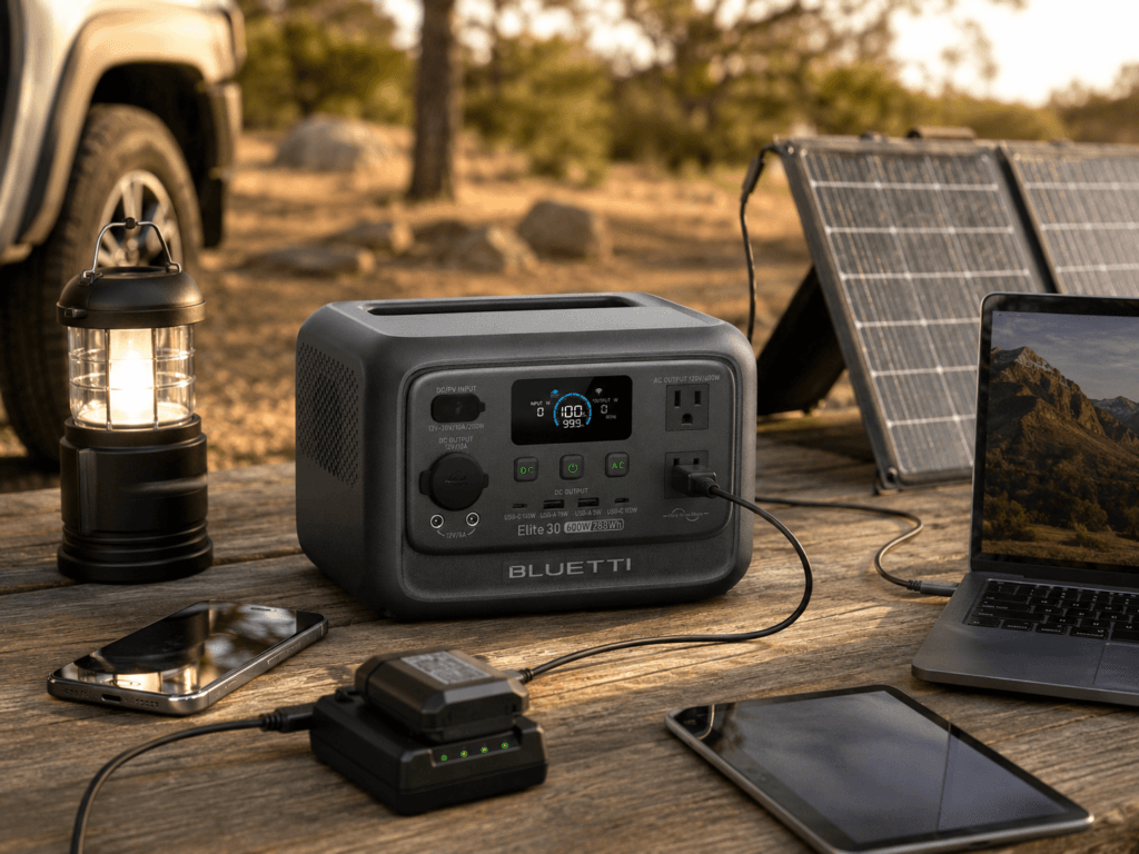 BLUETTI Elite 30 V2 portable power station on a picnic table with a small foldable solar panel, lantern, phone, tablet, laptop, and camera battery charger