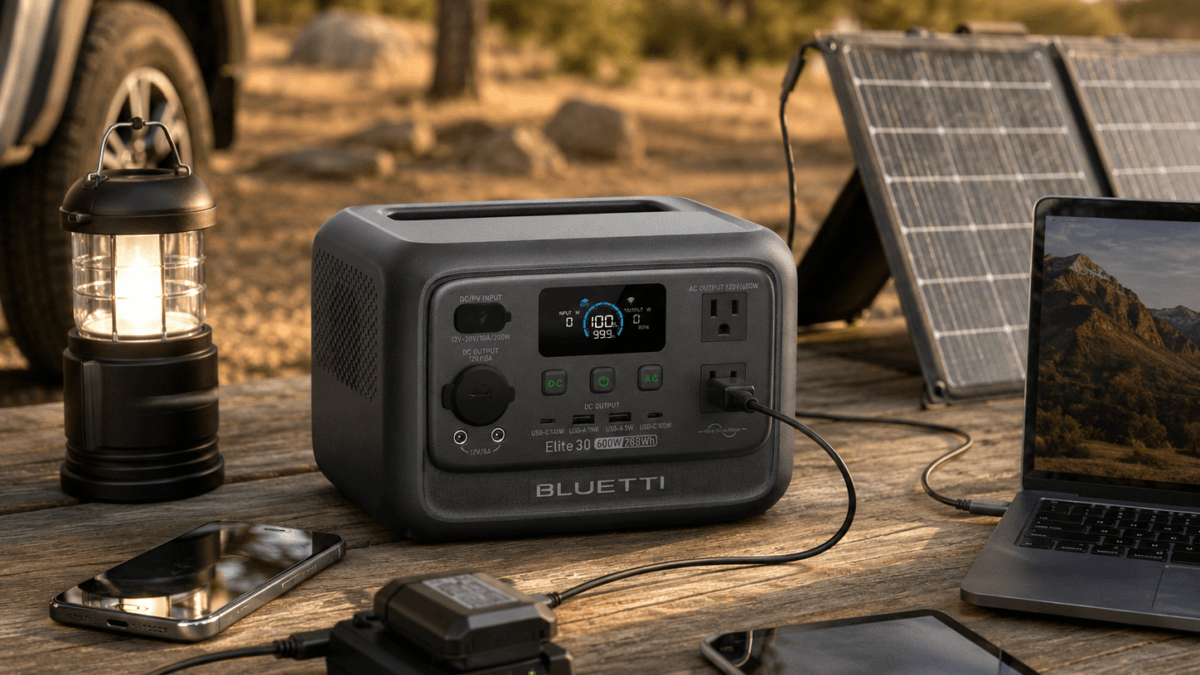 BLUETTI Elite 30 V2 review camping solar recovery setup with a small foldable solar panel, lantern, phone, tablet, laptop, and camera battery charger