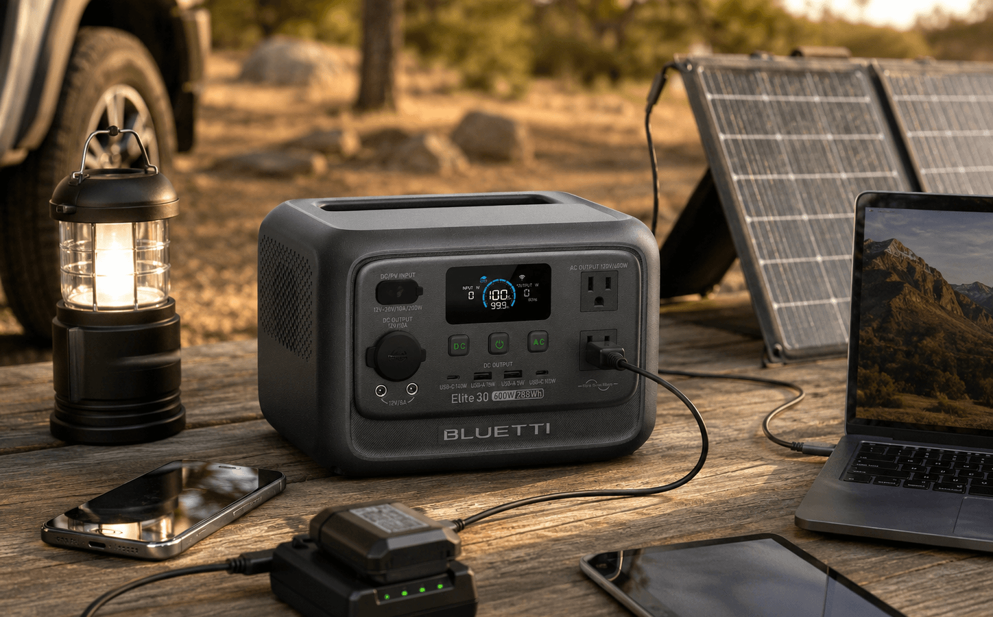 BLUETTI Elite 30 V2 review camping solar recovery setup with a small foldable solar panel, lantern, phone, tablet, laptop, and camera battery charger