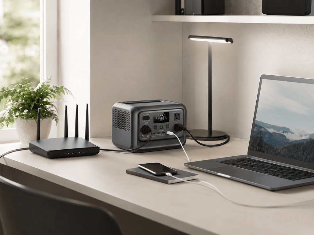 BLUETTI Elite 30 V2 portable power station powering a Wi-Fi router, laptop, phone, and LED lamp in a home office backup setup