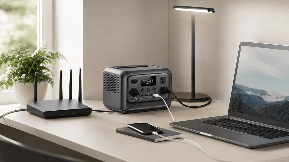 BLUETTI Elite 30 V2 portable power station powering a Wi-Fi router, laptop, phone, and LED lamp in a home office backup setup