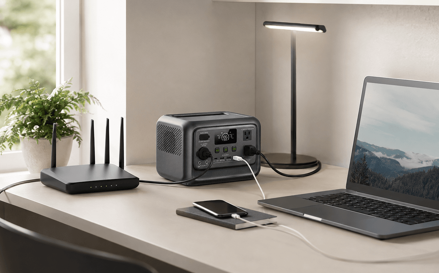 BLUETTI Elite 30 V2 portable power station powering a Wi-Fi router, laptop, phone, and LED lamp in a home office backup setup