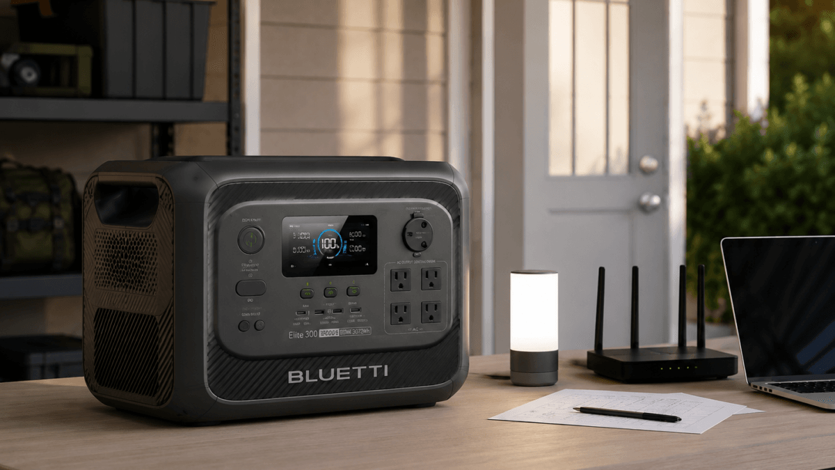 BLUETTI Elite 300 portable power station prepared for selected home backup in a covered garage