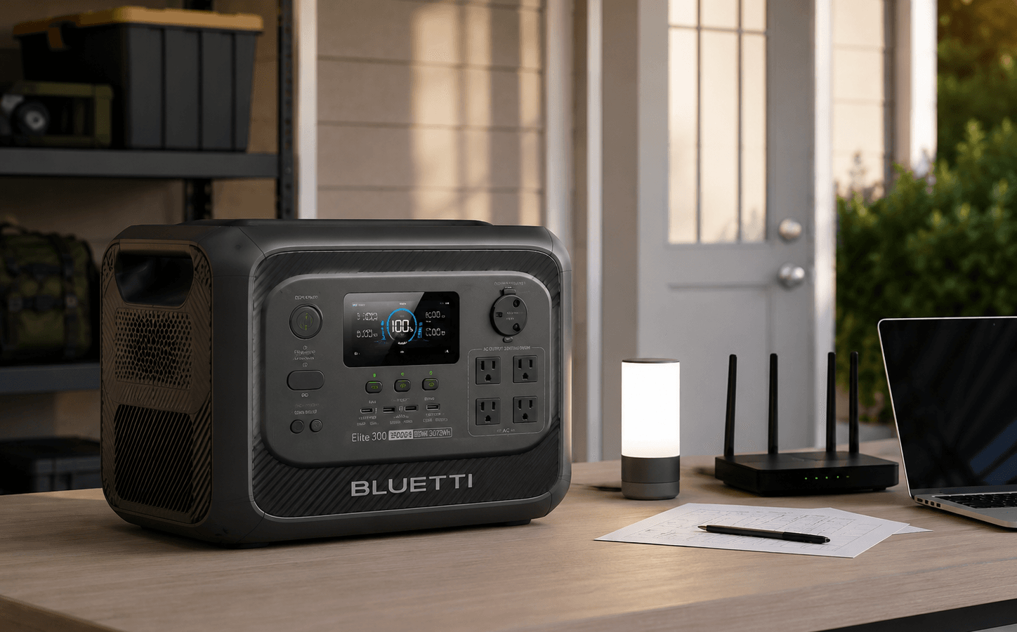 BLUETTI Elite 300 portable power station prepared for selected home backup in a covered garage