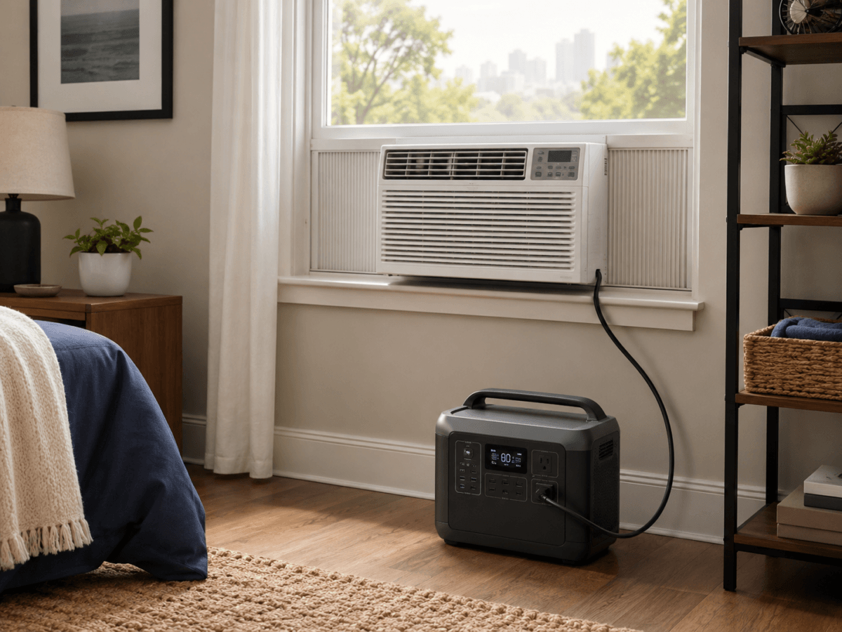 Portable power station connected to a window air conditioner in a safe one-room outage cooling setup