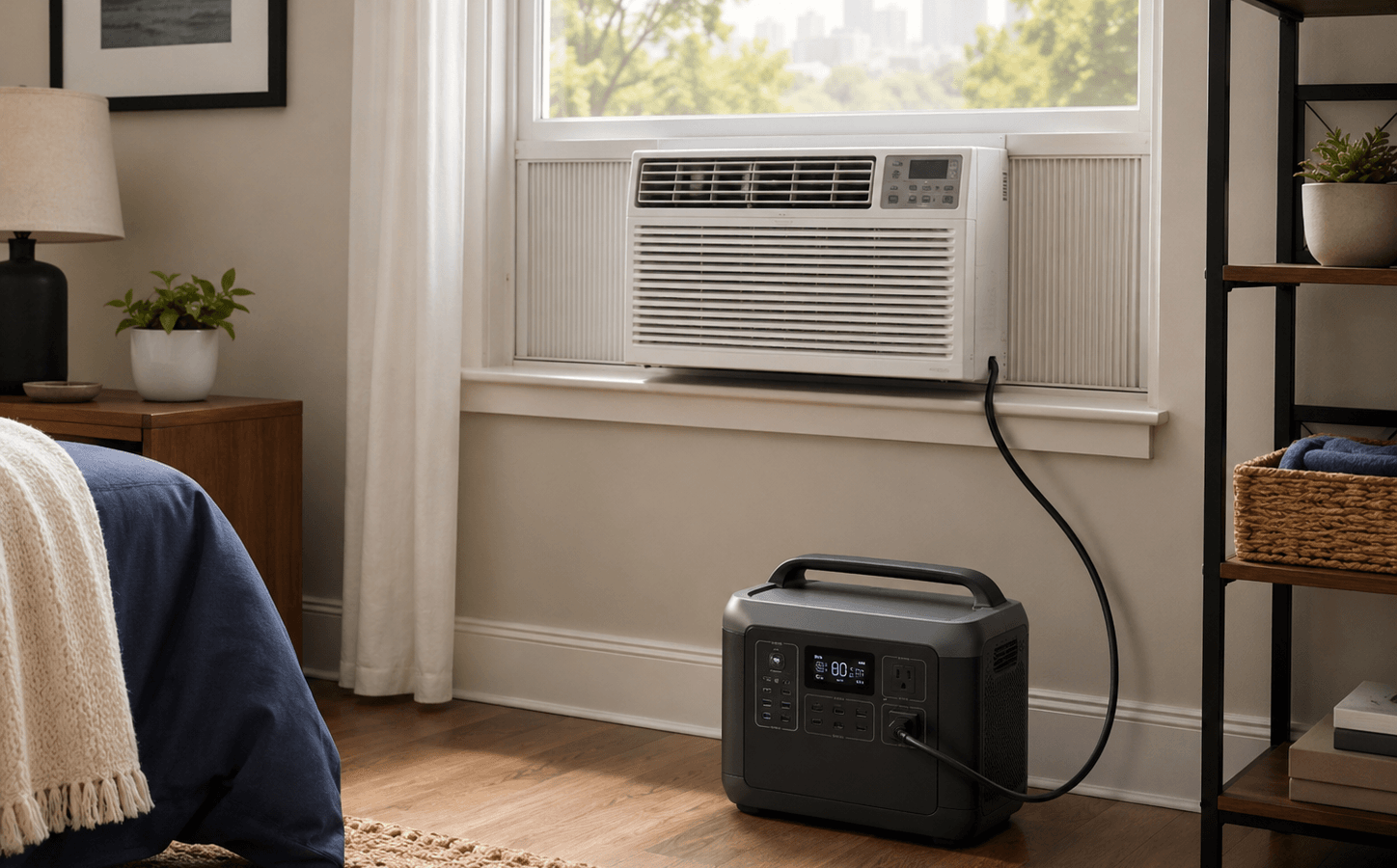 Portable power station connected to a window air conditioner in a safe one-room outage cooling setup