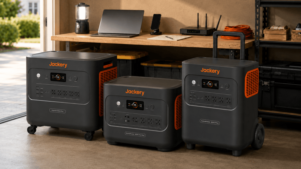 Jackery expandable power stations for home backup: Explorer 5000 Plus, HomePower 3600 Pro Max, and HomePower 3600 Plus in a planned garage backup setup.