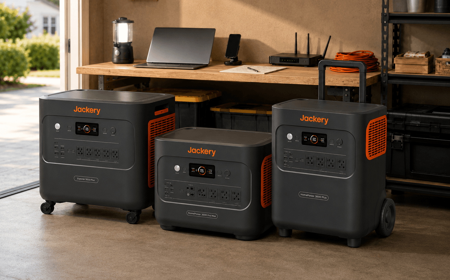 Jackery expandable power stations for home backup: Explorer 5000 Plus, HomePower 3600 Pro Max, and HomePower 3600 Plus in a planned garage backup setup.