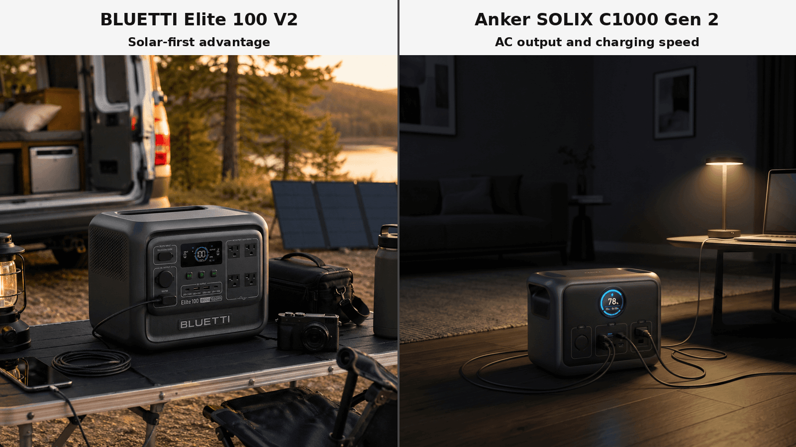 Elite 100 V2 vs Anker SOLIX C1000 comparison showing the BLUETTI model in a solar-first RV scene and the Anker Gen 2 model in a home-outage scene