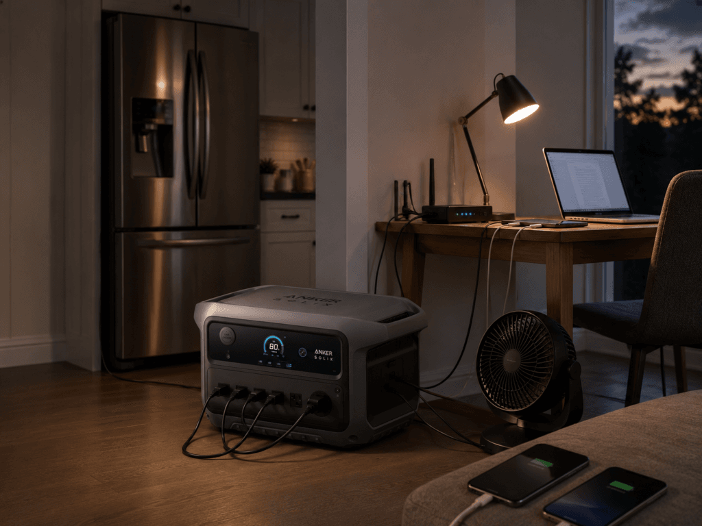 Anker SOLIX C2000 Gen 2 review setup powering a refrigerator, router, laptop, LED lamp, and fan during a home outage