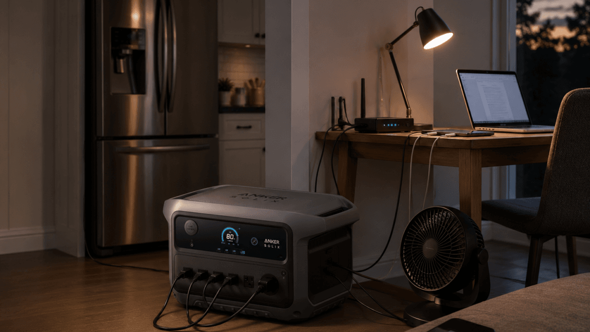 Anker SOLIX C2000 Gen 2 portable power station supporting a refrigerator, router, laptop, LED lamp, and small fan during a home power outage