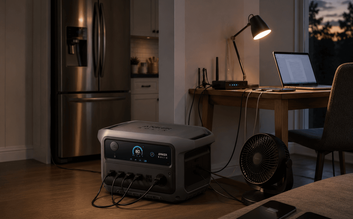 Anker SOLIX C2000 Gen 2 portable power station supporting a refrigerator, router, laptop, LED lamp, and small fan during a home power outage