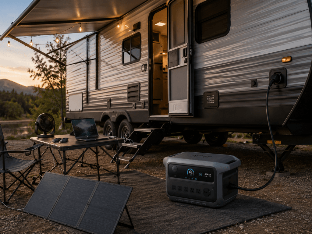 Anker SOLIX C2000 Gen 2 portable power station connected to a small travel trailer and supporting lights, a refrigerator, laptop, fan, and phone charging