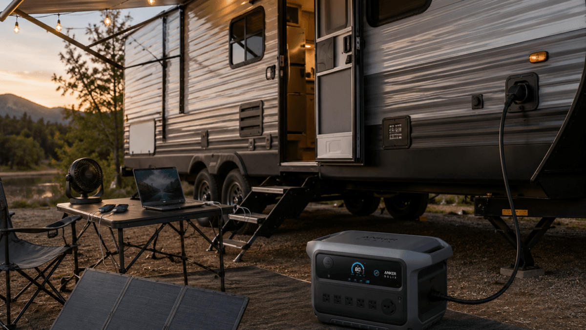 Anker SOLIX C2000 Gen 2 portable power station connected to a small travel trailer and supporting lights, a refrigerator, laptop, fan, and phone charging