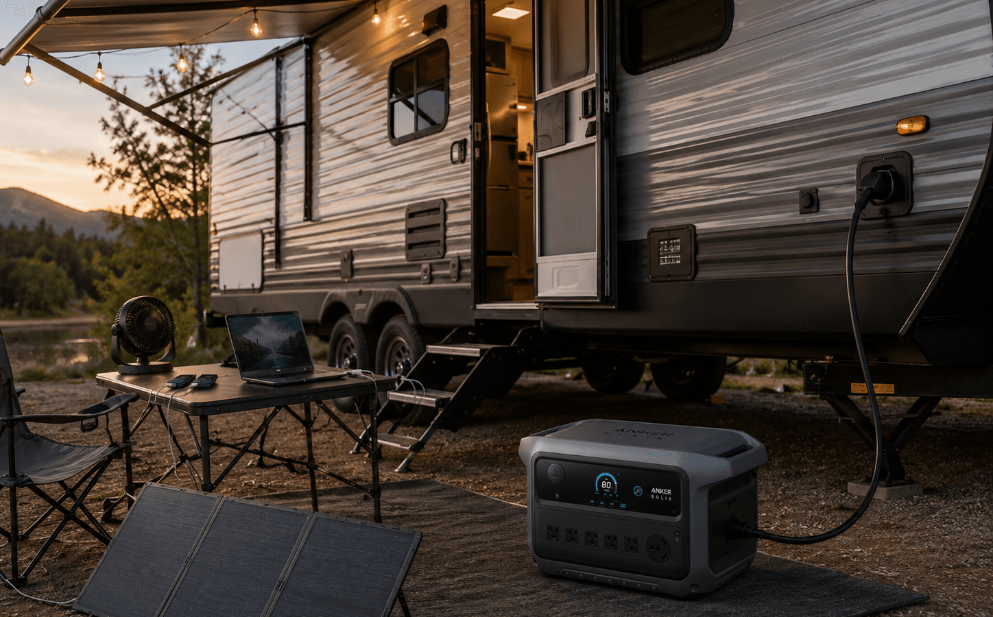Anker SOLIX C2000 Gen 2 portable power station connected to a small travel trailer and supporting lights, a refrigerator, laptop, fan, and phone charging