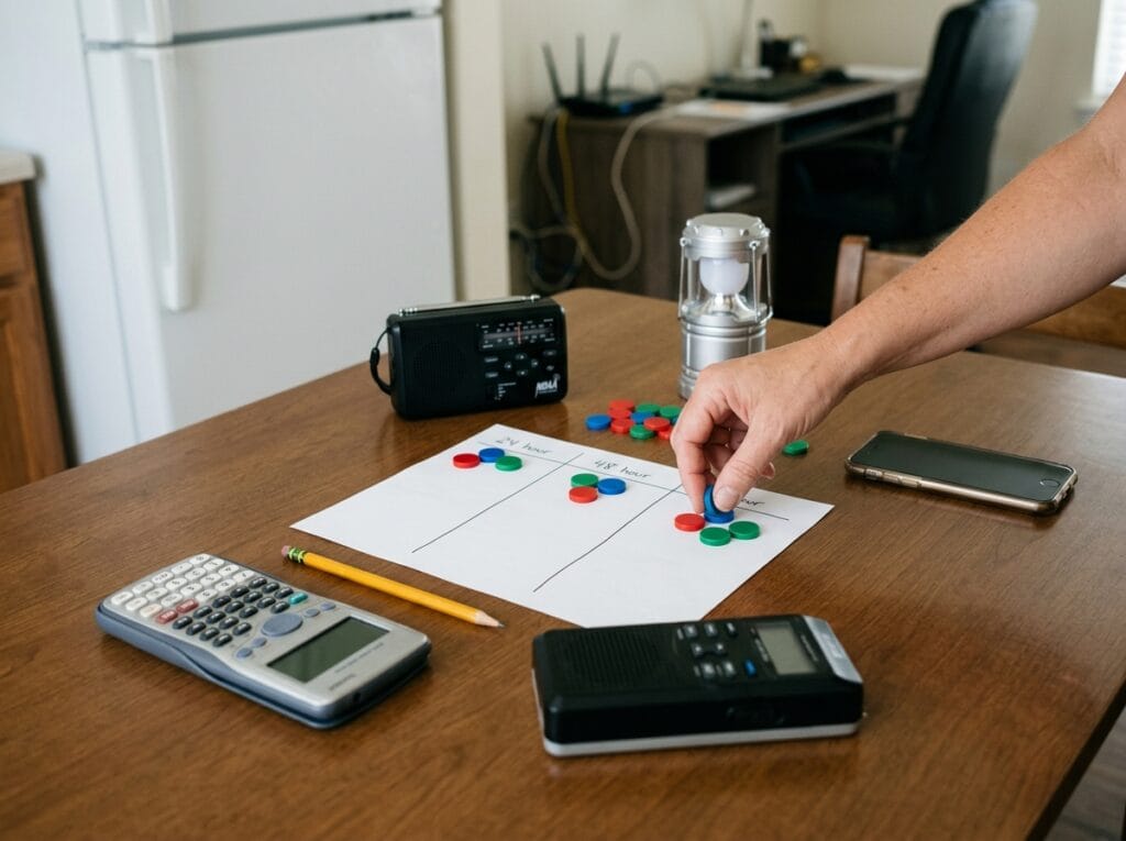 Hurricane battery backup planner with 24-hour, 48-hour, and 72-hour load-priority groups