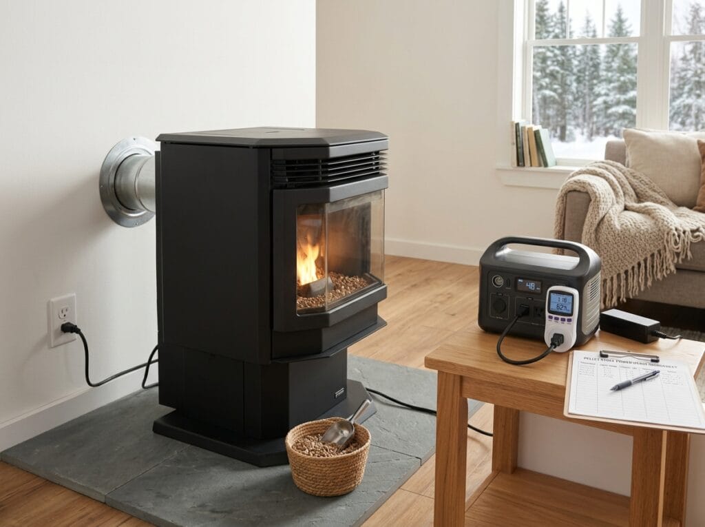 Pellet stove runtime planning with a pellet stove, portable power station, energy meter, and safe separation from heat