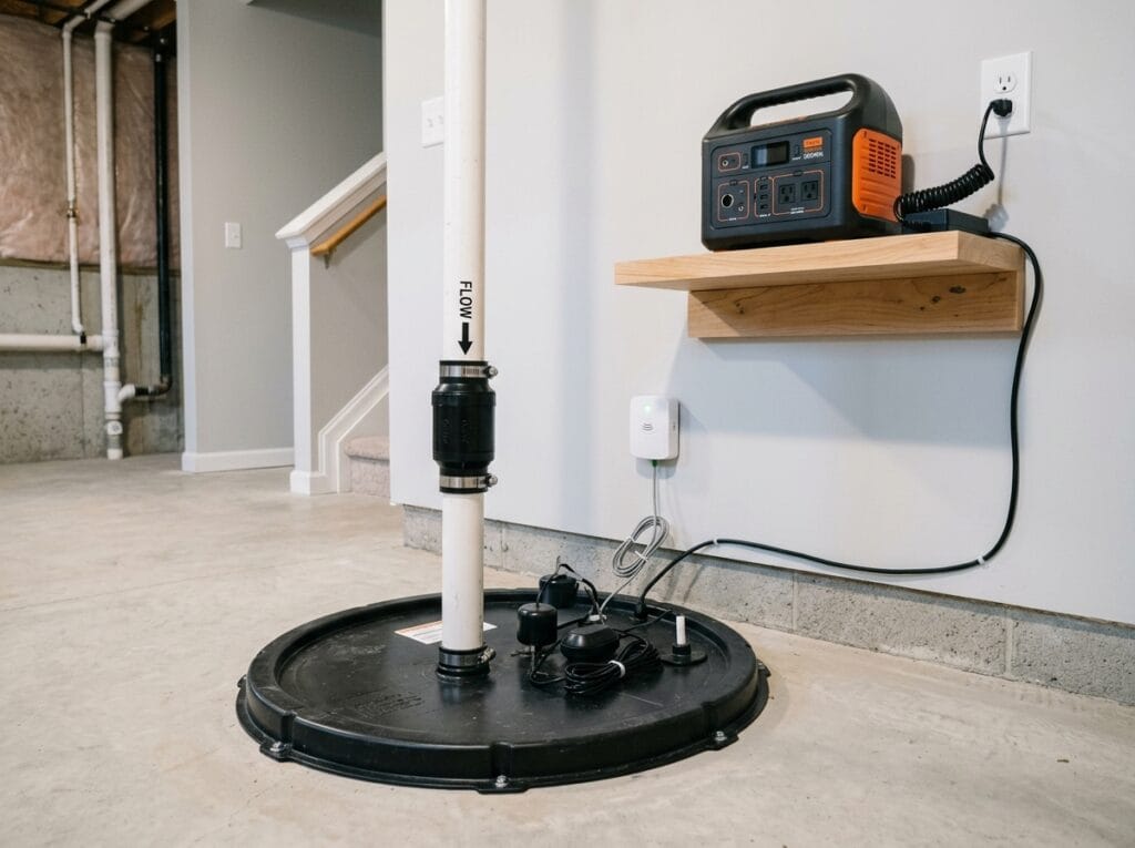 Sump pump backup planning with a covered basin, check valve, high-water alarm, and elevated power station