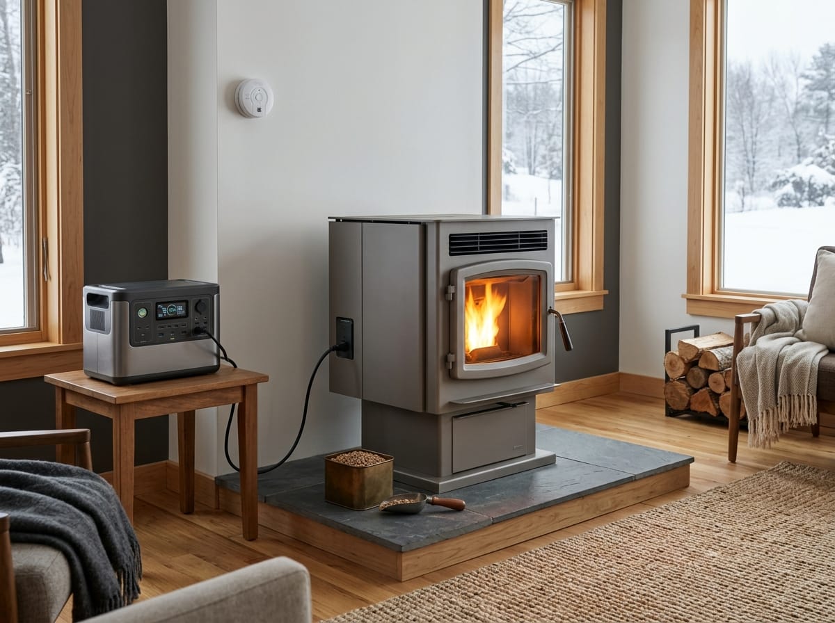 Pellet stove runtime backup scene with a pellet stove and portable power station placed safely apart