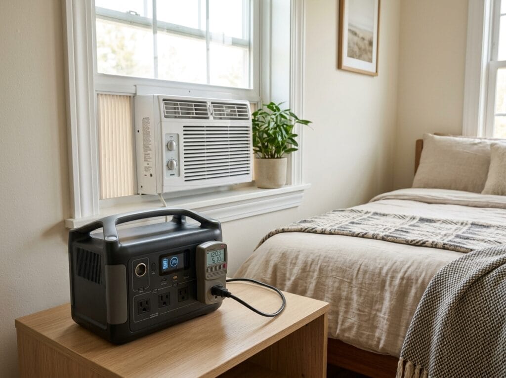 Window air conditioner backup setup with a portable power station and plug-in energy meter