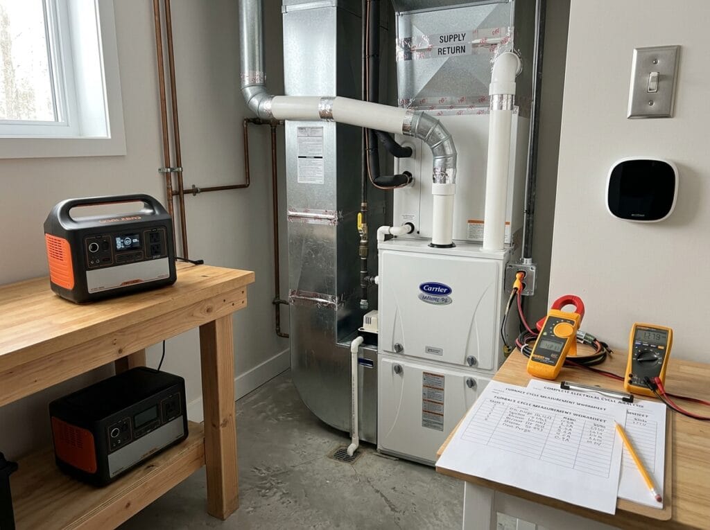 Gas furnace backup planning with a modern furnace, thermostat, condensate equipment, and professional measurement tools