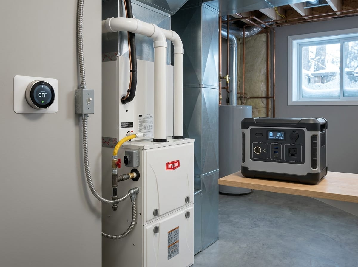 Gas furnace backup setup with a furnace and portable power station safely separated in a utility room