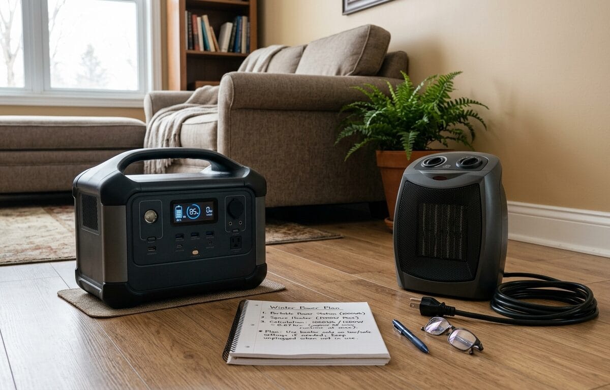 Portable power station for space heater safety planning with the heater unplugged and separated