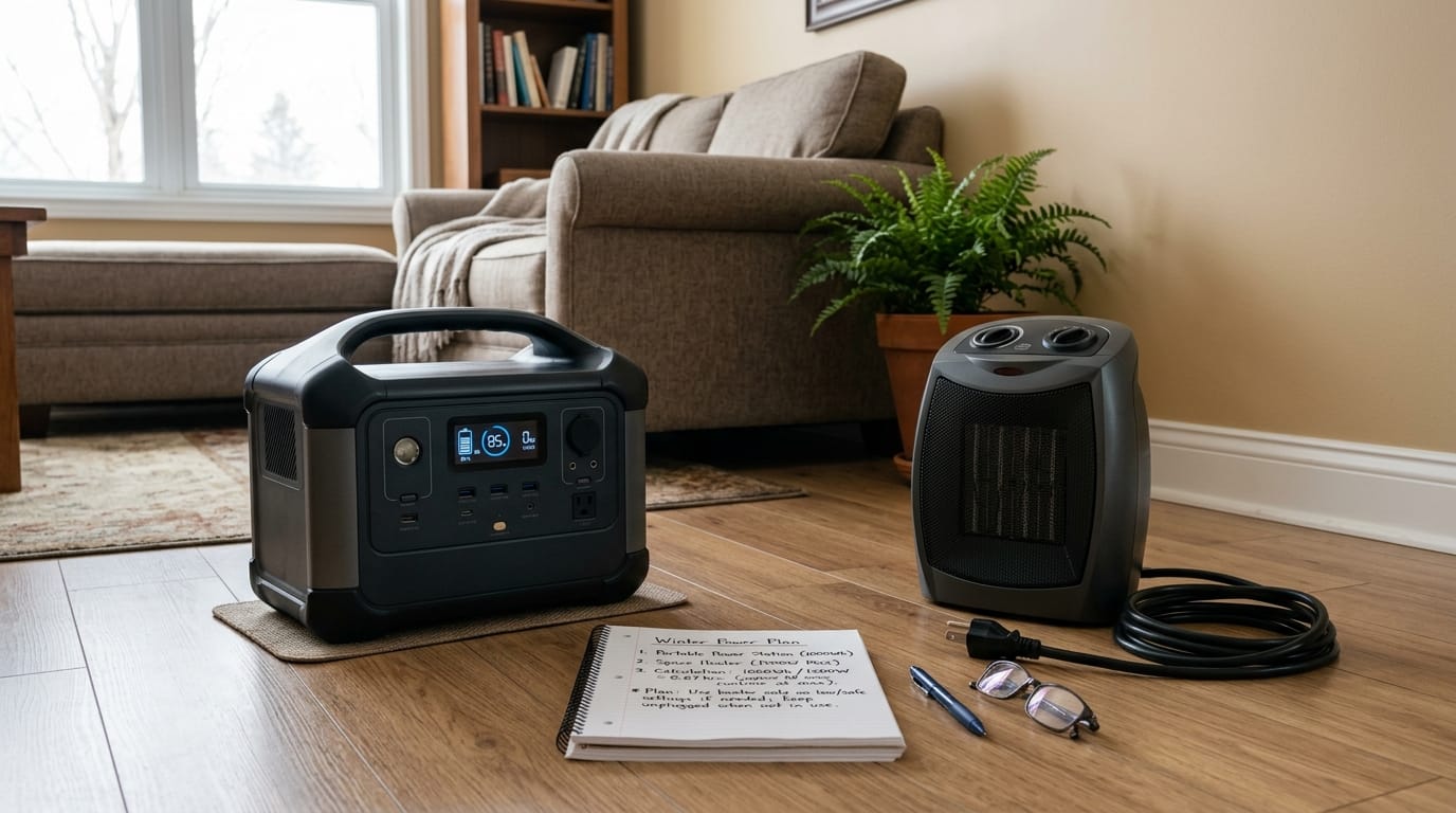 Portable power station for space heater safety planning with the heater unplugged and separated