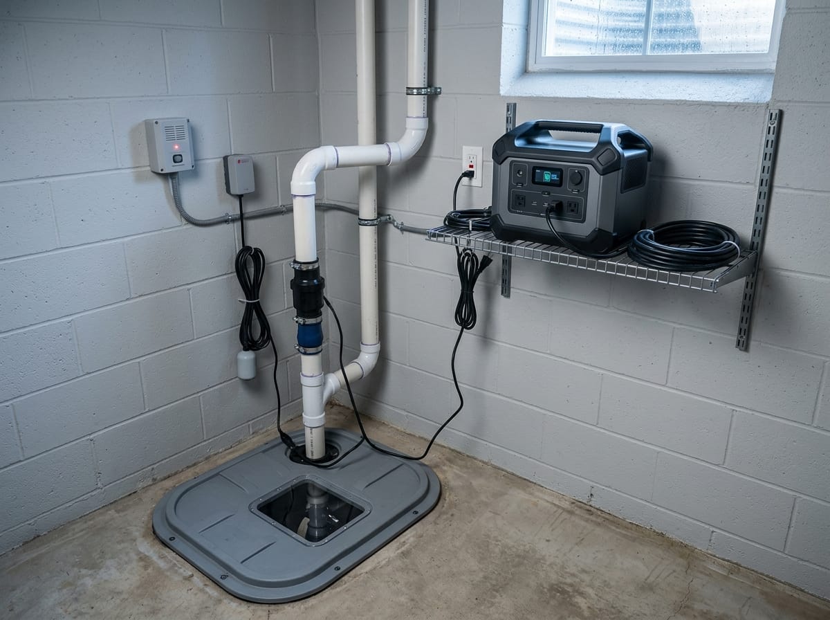 Sump pump backup setup with a covered basin, high-water alarm, and elevated portable power station