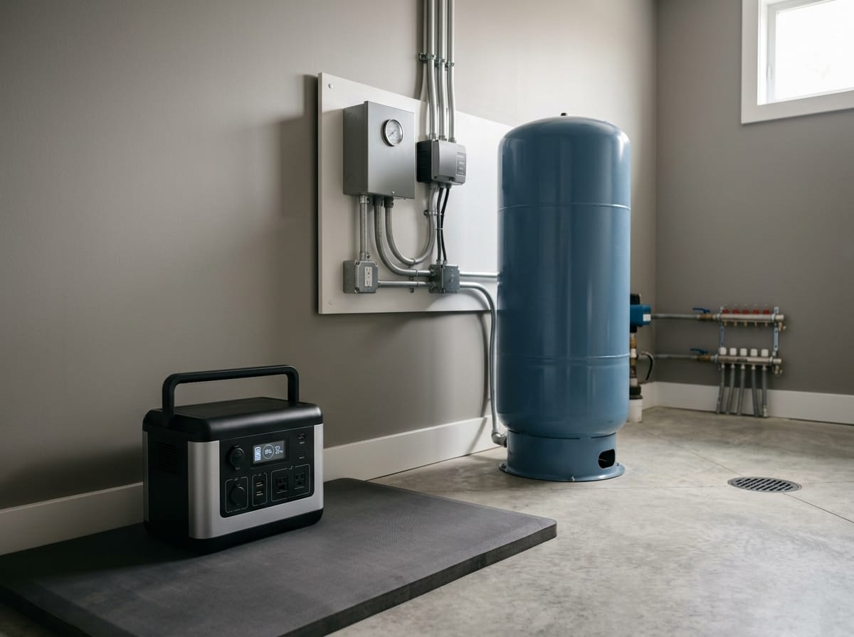Modern well pump backup setup with a pressure tank, pump controls, and a portable power station