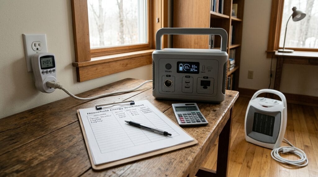 Portable power station for space heater runtime worksheet with an unplugged heater and watt meter