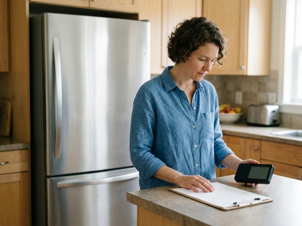 Refrigerator backup runtime worksheet reviewed beside a closed refrigerator