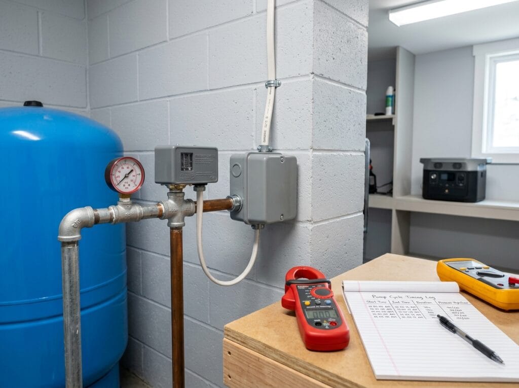Well pump backup planning with a pressure tank, gauge, control equipment, and professional measurement tools