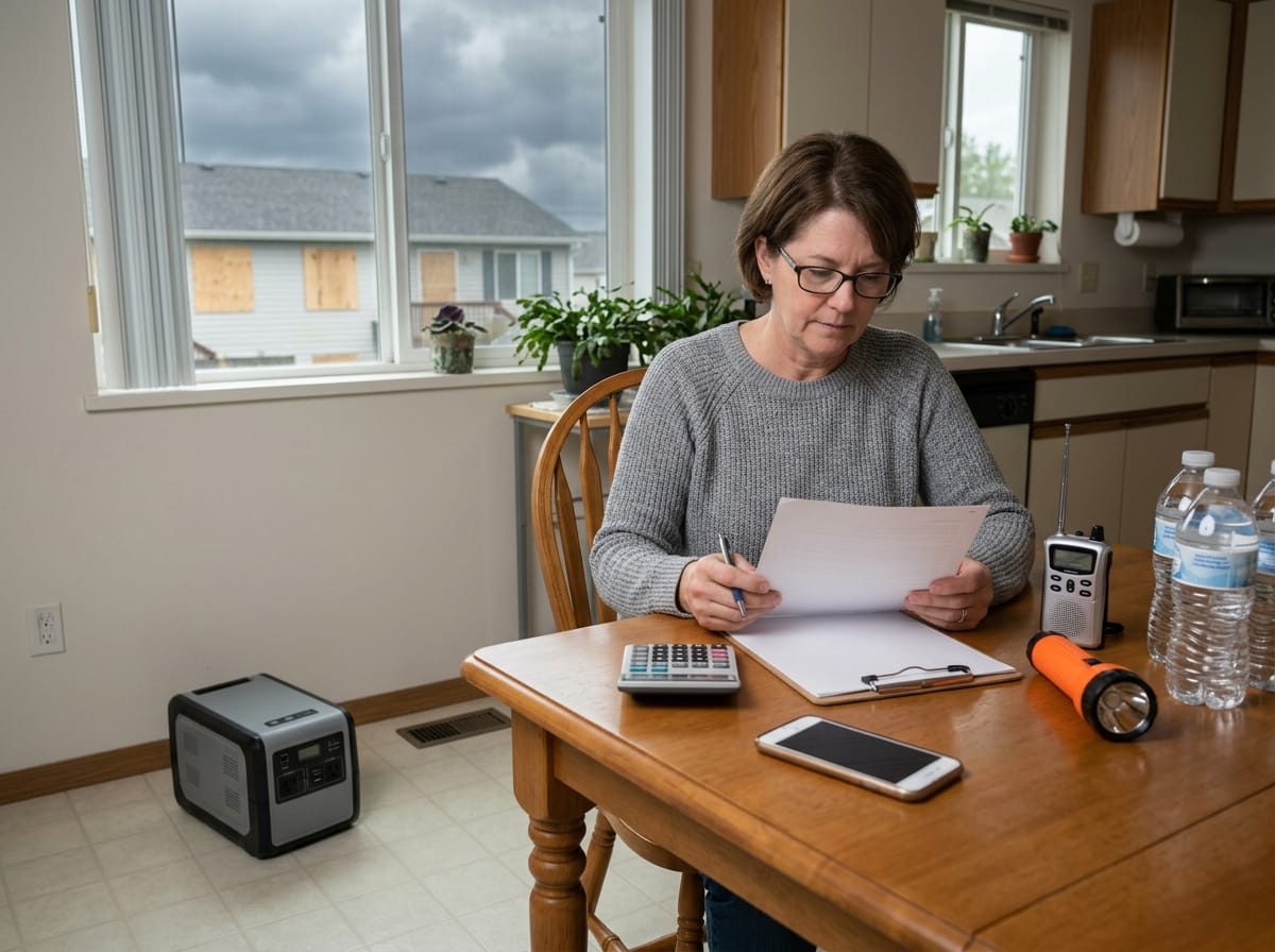 Hurricane battery backup planning with an emergency load worksheet, weather radio, flashlight, phone, and portable battery