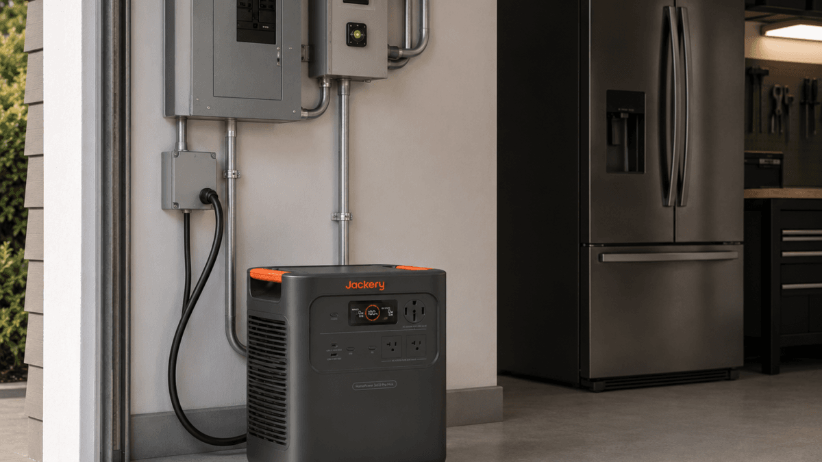 Jackery HomePower 3600 Pro Max in a home backup setup with a refrigerator and essential devices