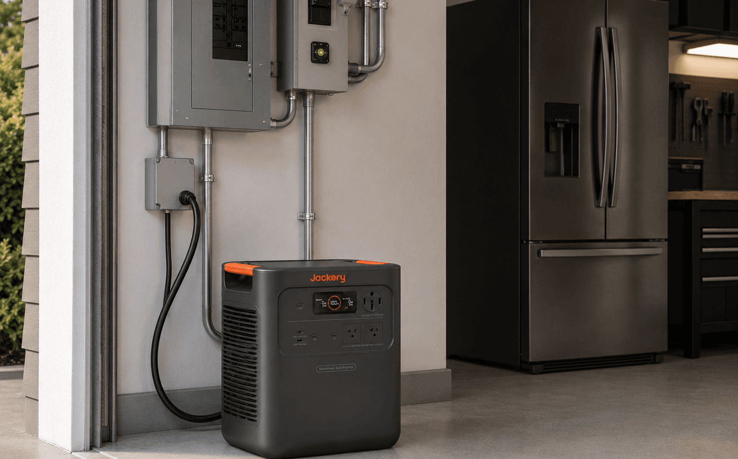 Jackery HomePower 3600 Pro Max in a home backup setup with a refrigerator and essential devices