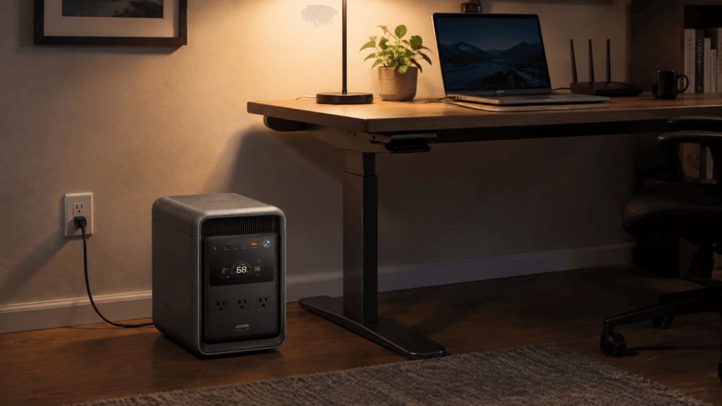 Anker SOLIX S2000 review setup beside a home-office desk with a laptop and Wi-Fi router
